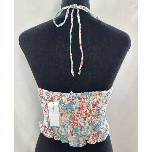 AMERICAN EAGLE Cropped Floral Cinch‎ Front Smocked Back Ruffle Halter XS NWT - Picture 3 of 10
